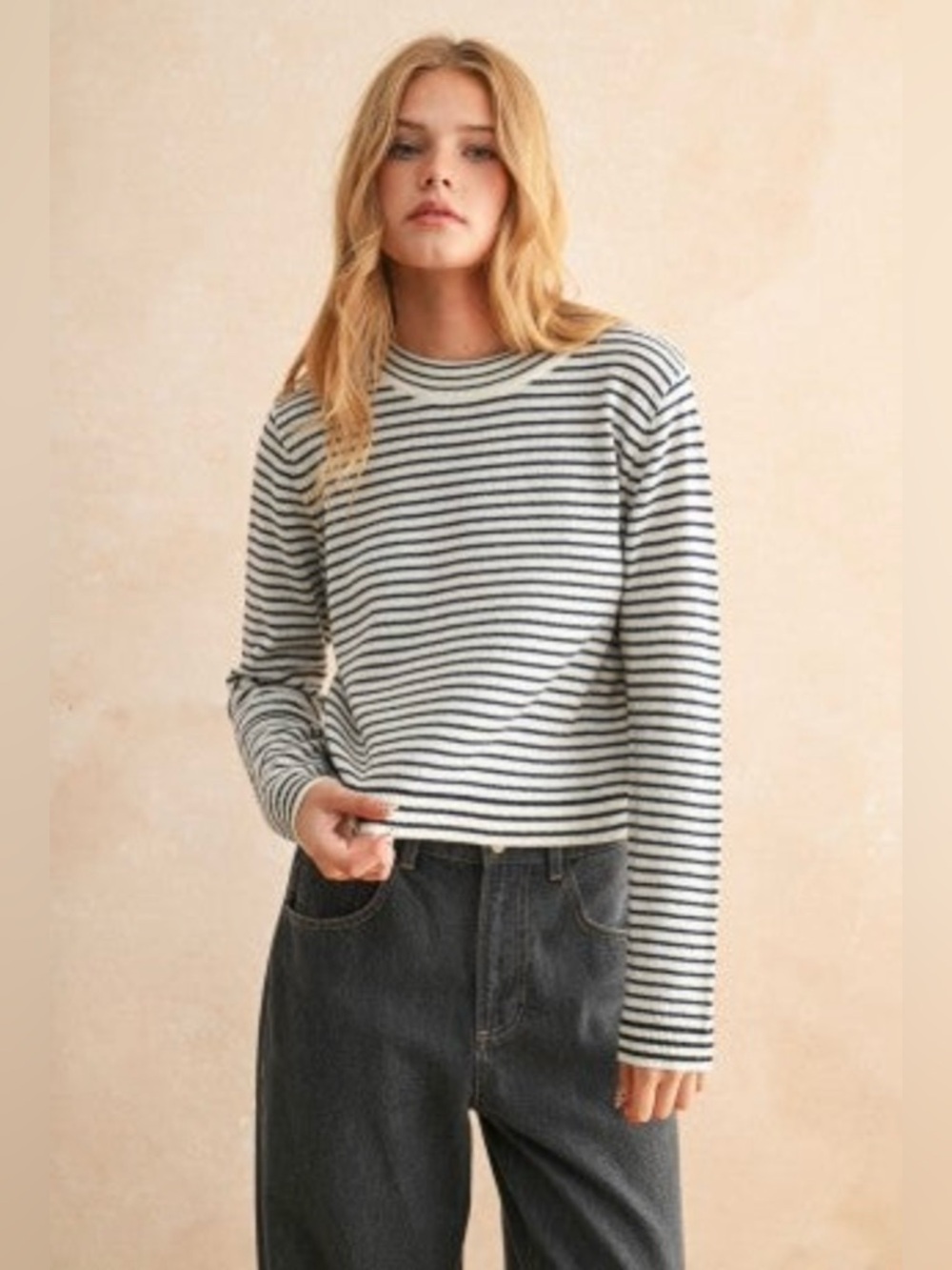 Miou Muse Striped Long-Sleeve Crewneck Sweater- White & navy in size large